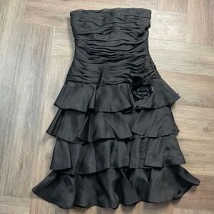 Vintage AJ Bari 100% Silk Strapless Ruched Tiered Ruffle Cocktail Dress Black 10